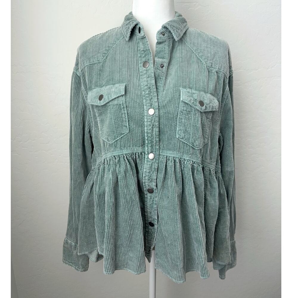 We The Free Dylan Babydoll Peplum Shirt Jacket in Sage Green Corduroy Size XS